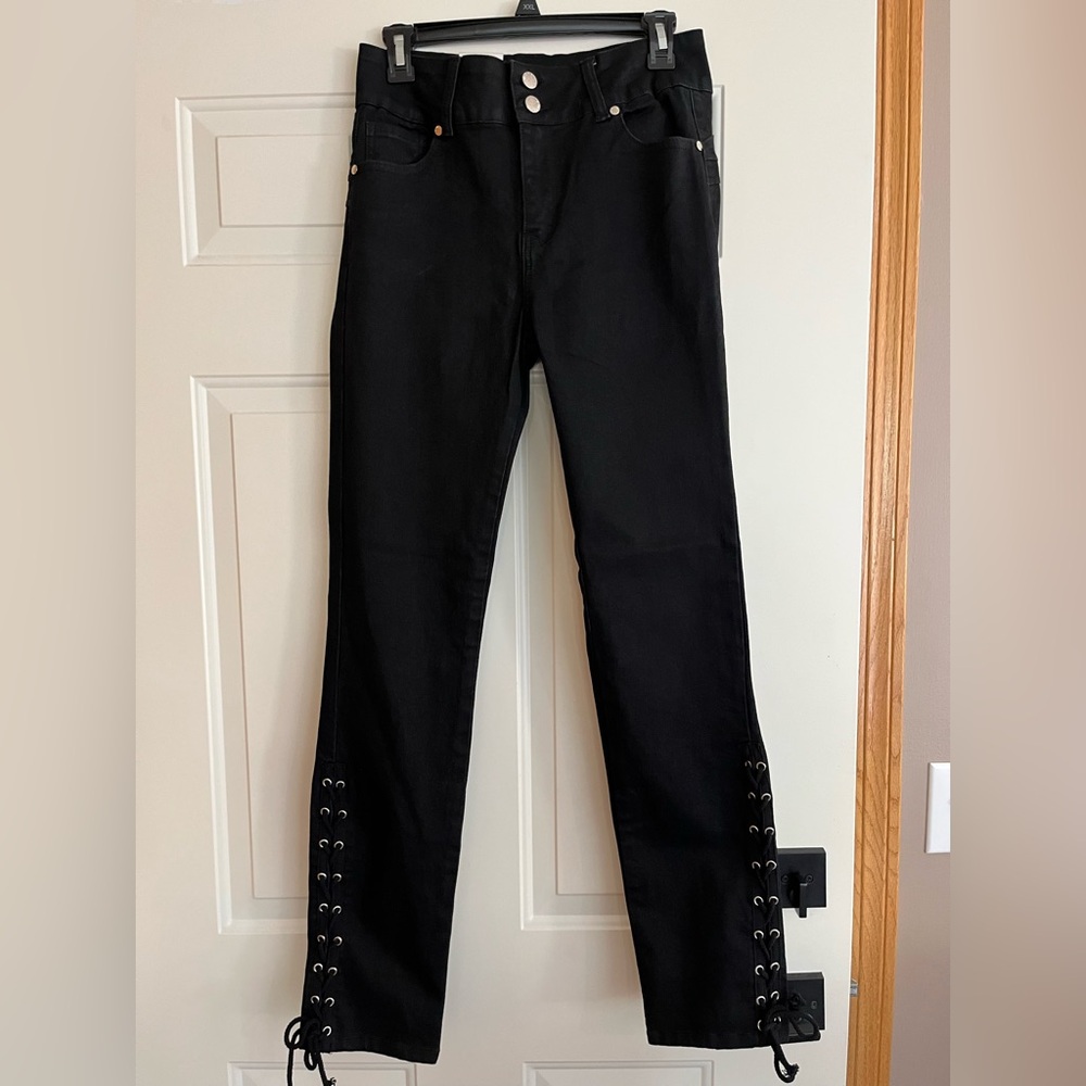 New Mitzi Michel black high rise lace up leg goth punk grunge skinny jean. 11